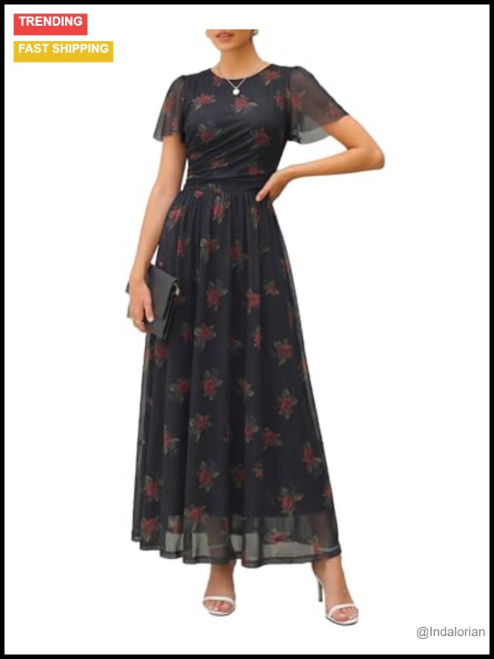 Womens Floral Mesh Maxi Dress Flutter Sleeve Ruched A-Line Beach Wedding Guest